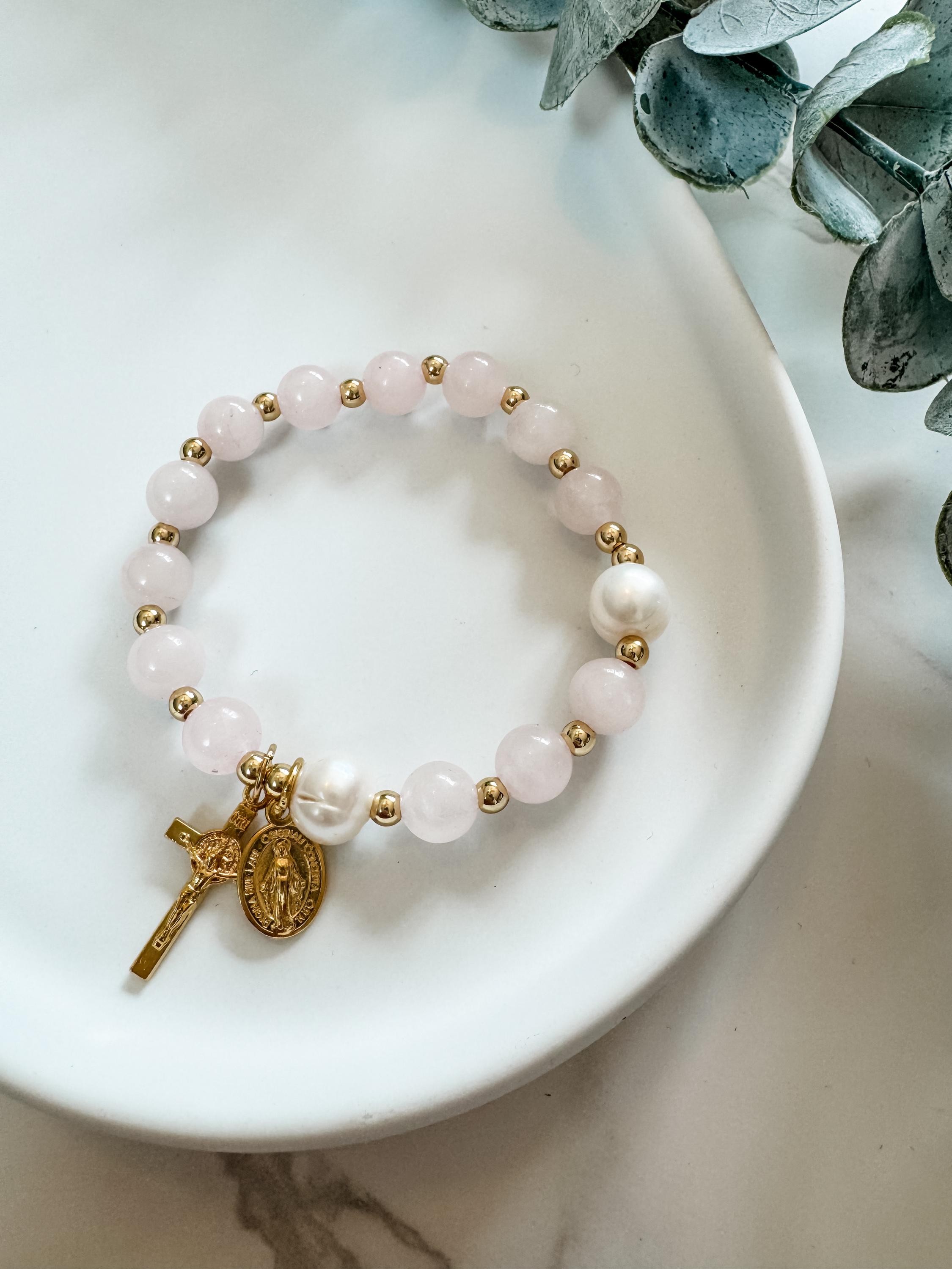 Catholic Rosary Stretch Bracelet With Gold Tone Crucifix and