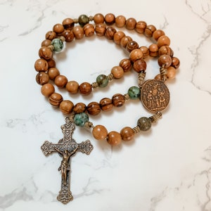 Holy Family bronze rosary | Catholic rosary made with olive wood beads and African turquoise on micro cord | Catholic gift | Paracord rosary