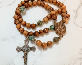 Holy Family bronze rosary | Catholic rosary made with olive wood beads and African turquoise on micro cord | Catholic gift | Paracord rosary