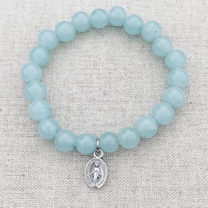 Catholic stretch bracelet made with aqua quartz and a tiny Miraculous Medal | Catholic gift | Miraculous Medal bracelet