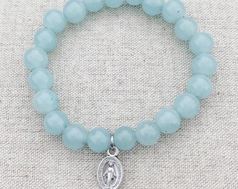 Catholic stretch bracelet made with aqua quartz and a tiny Miraculous Medal | Catholic gift | Miraculous Medal bracelet