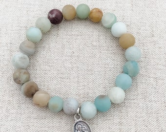 Catholic bracelet made with matte multi-color amazonite gemstones, stretch cord, and a tiny Saint Joseph medal | St Joseph bracelet