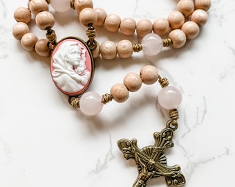 Catholic rosary with Cameo Madonna of the Streets bronze centerpiece, rosewood beads, pink quartz beads, and micro cord | Catholic gift