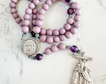Lent Rosary made with purple wood and amethyst gemstone beads, Holy Face of Jesus center and micro cord | Catholic gift