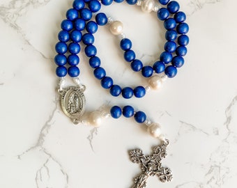 Our Lady of Lourdes rosary with blue wood beads, pearls, and micro cord | Catholic rosary | Catholic gift | Paracord rosary