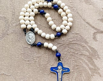 Mother Teresa of Calcutta Catholic Rosary with Italian enamel crucifix, white wood beads, blue sodalite gemstones and micro cord