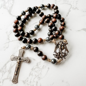 Saint Michael rosary made with solid bronze rosary parts, ebony wood and hematite beads, and micro cord | Catholic gift | Catholic rosary