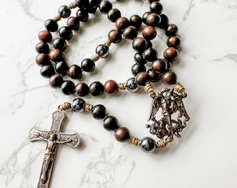 Saint Michael rosary made with solid bronze rosary parts, ebony wood and hematite beads, and micro cord | Catholic gift | Catholic rosary