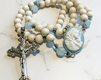 Catholic rosary with blue cameo Madonna of the Streets center, white wood beads and aqua quartz beads and micro cord | Catholic gift