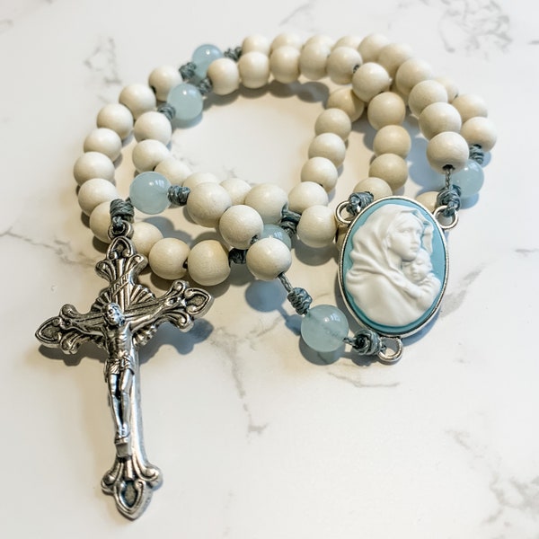 Catholic rosary with blue cameo Madonna of the Streets center, white wood beads and aqua quartz beads and micro cord | Catholic gift