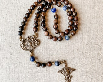 Saint Joan of Arc solid bronze rosary made with ebony wood and sodalite gemstone beads and micro cord | Catholic gift | Catholic rosary