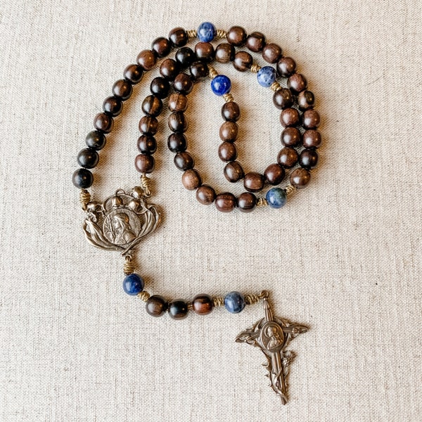 Saint Joan of Arc solid bronze rosary made with ebony wood and sodalite gemstone beads and micro cord | Catholic gift | Catholic rosary