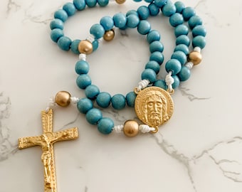 Catholic rosary made with blue and gold wood beads and micro cord | Holy Face rosary | Micro cord rosary | Paracord rosary | Catholic gift