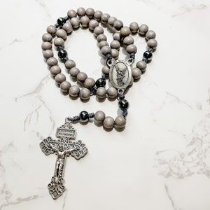 Saint Michael the Archangel Rosary with Pardon Crucifix gray wood beads, hematite beads, and micro cord | Catholic rosary | Catholic gift