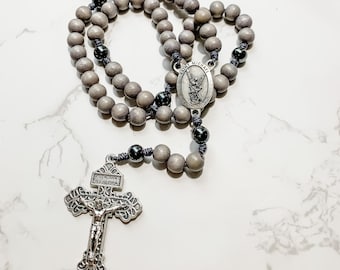 Saint Michael the Archangel Rosary with Pardon Crucifix gray wood beads, hematite beads, and micro cord | Catholic rosary | Catholic gift