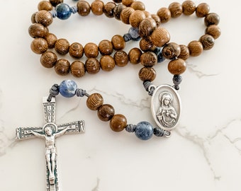 Immaculate Heart of Mary rosary with natural wood beads and sodalite gemstone and micro cord | Catholic rosary | Catholic gift | Cord rosary
