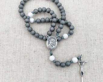 Saint John Paul II rosary made with gray wood beads, white howlite gemstone beads, Papal crucifix, and micro cord | Catholic gift