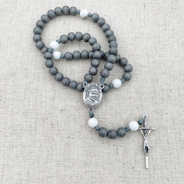 Saint John Paul II rosary made with gray wood beads, white howlite gemstone beads, Papal crucifix, and micro cord | Catholic gift