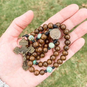 Saint Joseph Rosary made with robles wood beads, African turquoise beads, a Pardon crucifix and micro cord | Catholic gift