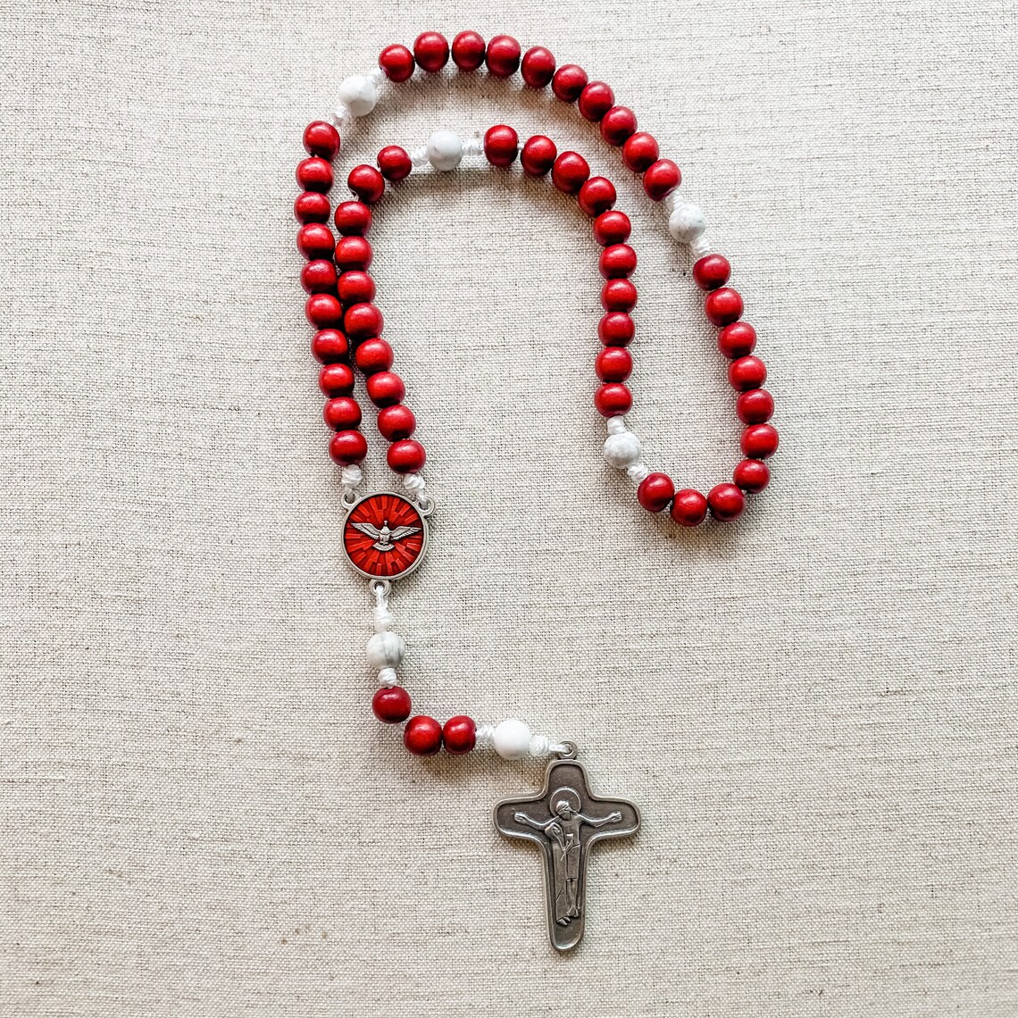 Holy Spirit Rosary Made With Red Wood Beads White Howlite | Etsy