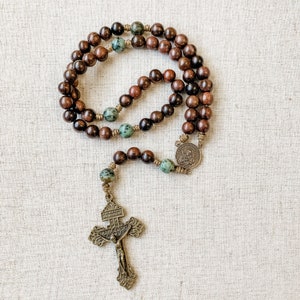 Saint Joseph Bronze Rosary with Ebony wood beads, tan micro cord, and African turquoise gemstones | Catholic gift | Catholic rosary