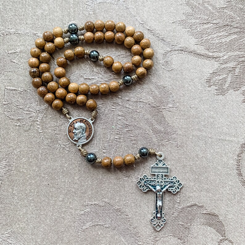 Padre Pio Catholic Rosary made with wood beads and hematite image 0