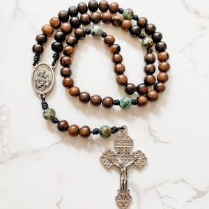 Rosario católico de San José con cuentas de madera de ébano y turquesa africana / Rosario de microcordón / Rosario con crucifijo de perdón / Regalo católico