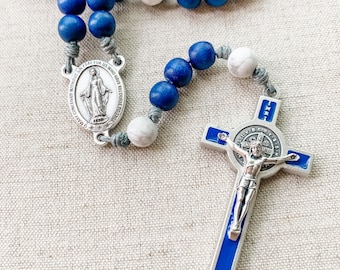 Catholic rosary with Saint Benedict Crucifix, Miraculous Medal center, made with blue wood beads, howlite gemstones, and micro cord