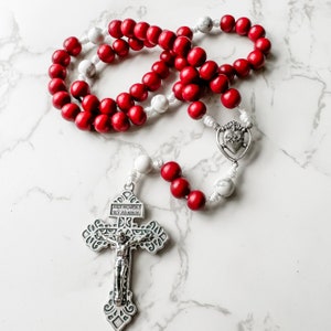 Sacred Heart of Jesus Catholic Rosary with red wood beads, white howlite gemstones, and micro cord | Catholic gift | Paracord rosary