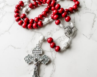 Sacred Heart of Jesus Catholic Rosary with red wood beads, white howlite gemstones, and micro cord | Catholic gift | Paracord rosary
