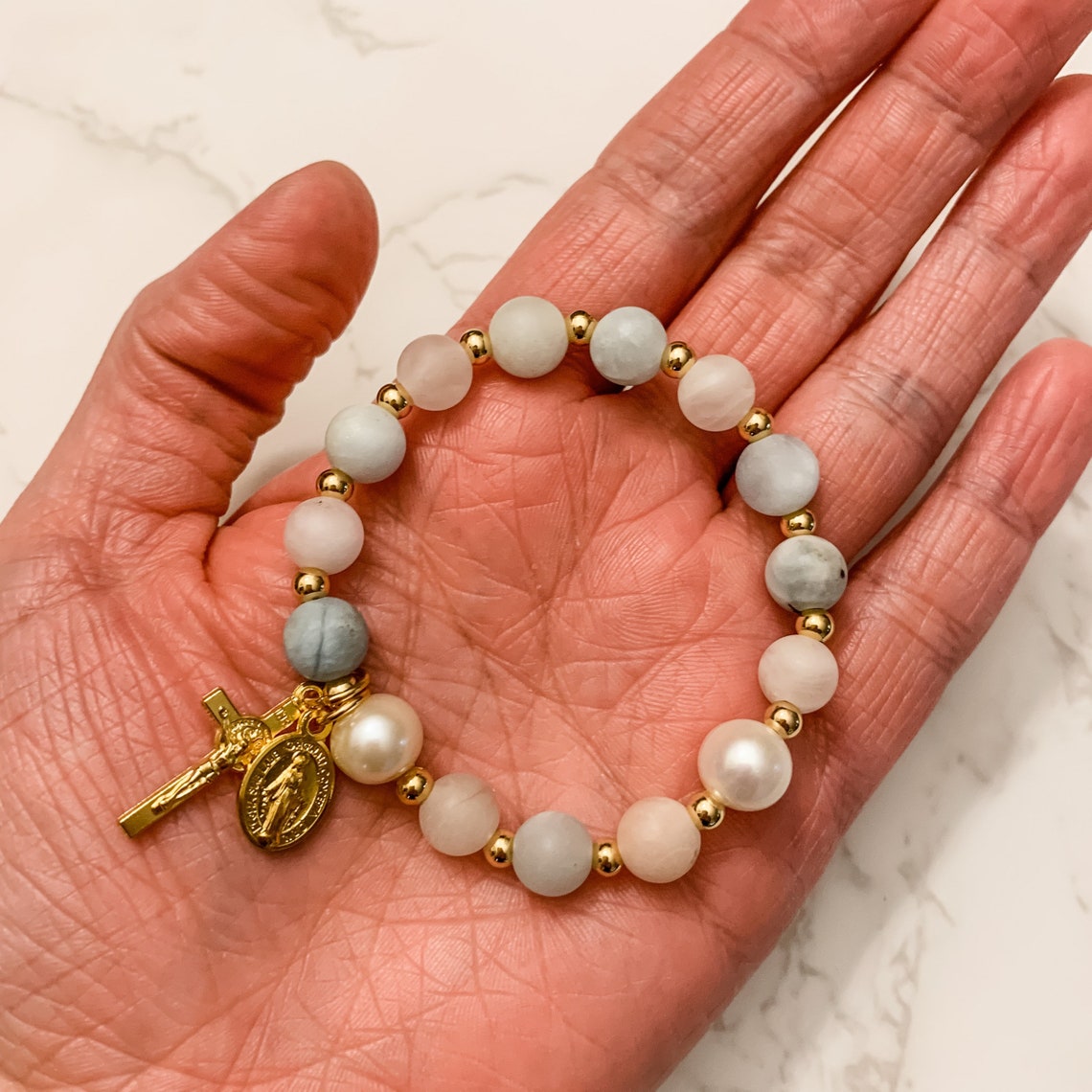 Catholic Rosary Stretch Bracelet With Gold Tone Crucifix and Etsy