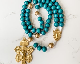 Catholic rosary made with dyed green and gold wood beads, gold Pardon crucifix and Miraculous Medal and micro cord | Catholic gift