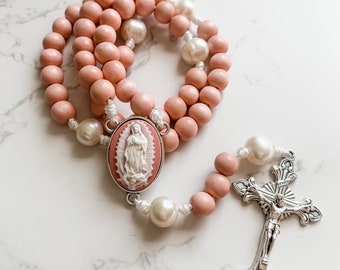 Catholic Our Lady of Guadalupe Cameo rosary with pink wood beads and pearl beads with micro cord | Catholic gift | Paracord rosary