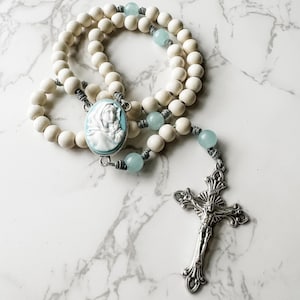Catholic rosary beads with blue cameo Madonna of the Streets center, white wood beads, aqua quartz beads and micro cord | Catholic gift