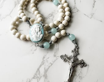 Catholic rosary beads with blue cameo Madonna of the Streets center, white wood beads, aqua quartz beads and micro cord | Catholic gift
