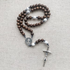 Catholic Rosary with dark brown wood and howlite gemstone beads | Micro Cord Rosary | St Benedict Rosary | Catholic gift | Papal Crucifx