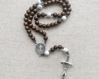 Catholic Rosary with dark brown wood and howlite gemstone beads | Micro Cord Rosary | St Benedict Rosary | Catholic gift | Papal Crucifx