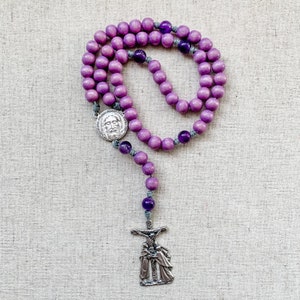 Lent Rosary made with purple wood and amethyst gemstone beads, Holy Face of Jesus center and micro cord | Catholic gift