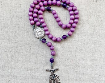 Lent Rosary made with purple wood and amethyst gemstone beads, Holy Face of Jesus center and micro cord | Catholic gift