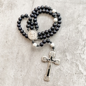 Catholic Rosary with black wood beads, white howlite, micro cord | Holy Face Rosary | Lent rosary | Stations of the Cross rosary