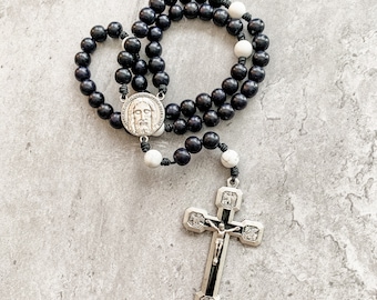 Catholic Holy Face Rosary beads with black wood beads, white howlite, micro cord | Holy Face Rosary | Lent rosary | Refuge Rosaries