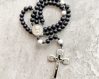 Catholic Rosary with black wood beads, white howlite, micro cord | Holy Face Rosary | Lent rosary | Stations of the Cross rosary