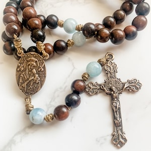 Our Lady of Perpetual Help and Sacred Heart of Jesus rosary with bronze parts, ebony wood and aqua quartz beads and micro cord