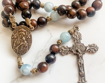 Our Lady of Perpetual Help and Sacred Heart of Jesus rosary with bronze parts, ebony wood and aqua quartz beads and micro cord