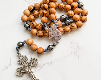 Saint Joseph Rosary with 8mm Holy Land Olive Wood and hematite beads | Micro Cord Rosary | Rosary for men | Catholic gift | St Joseph