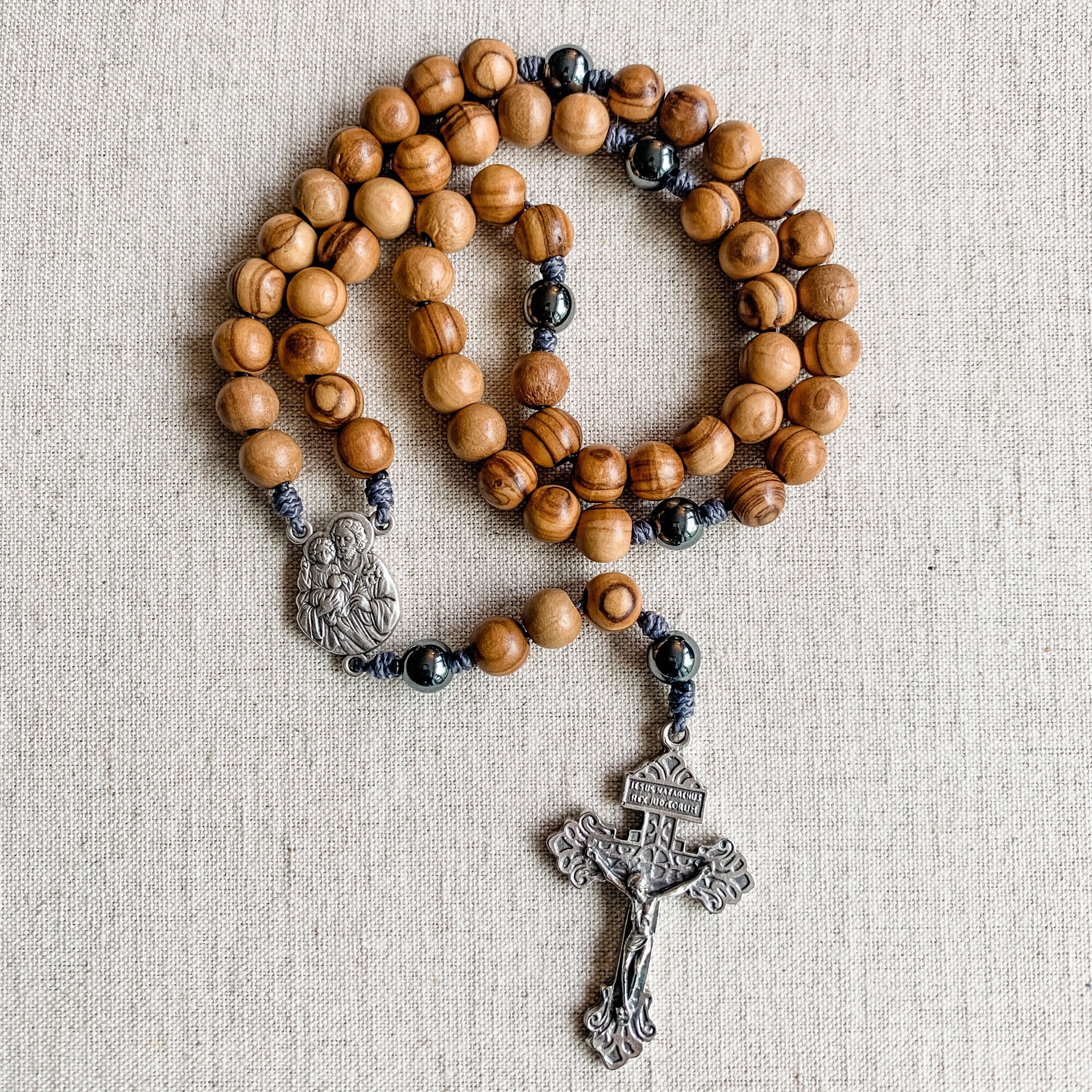 Saint Joseph Rosary with 8mm Holy Land Olive Wood and hematite beads …