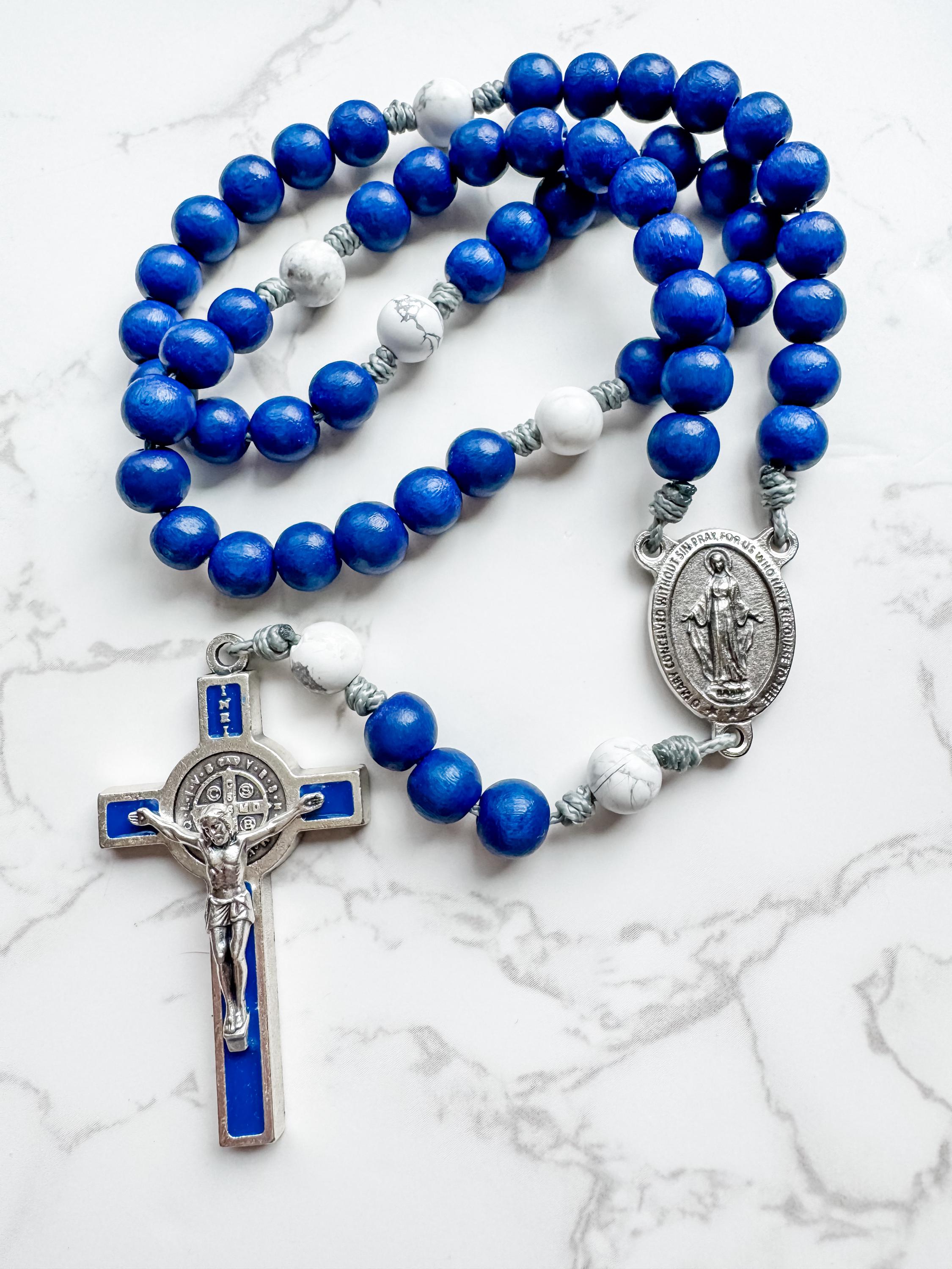Saint Benedict and Miraculous Medal rosary beads by Refuge Rosaries, with blue wood beads, howlite gemstones, and micro cord | Catholic