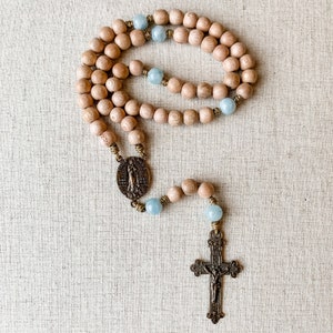 Stella Maris Star of the Sea solid bronze rosary made with rosewood and aquamarine beads and micro cord | Catholic gift | Catholic Rosary