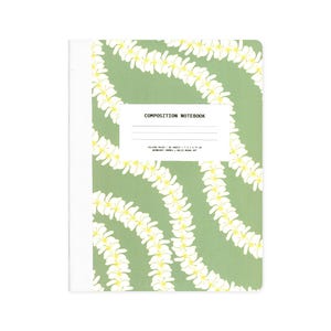May include: A composition notebook with a sage green cover featuring a repeating pattern of white and yellow plumeria flower leis. The center label reads COMPOSITION NOTEBOOK, COLLEGE RULED, 100 SHEETS, 7.5 X 9.75 IN, WEDNESDAY WOMAN X MALIE MOANA ART.