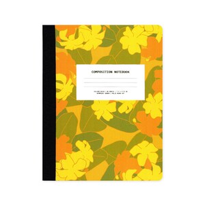 May include: A composition notebook with a black spine and a cover featuring a repeating floral pattern in shades of yellow, orange, and olive green. A white rectangular label in the center displays the text COMPOSITION NOTEBOOK, COLLEGE RULED, 80 SHEETS, 7.5 X 9.75 IN, ARTEMISIA ASHLEY, MALIS MOANA ART.